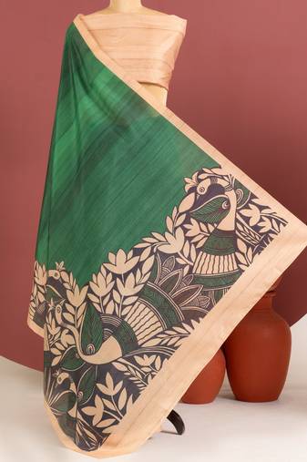 green color tussar art silk saree with plain blouse