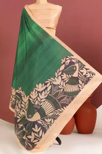 green color tussar art silk saree with plain blouse