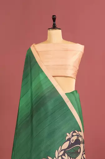 green color tussar art silk saree with plain blouse