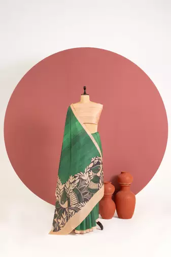 green color tussar art silk saree with plain blouse