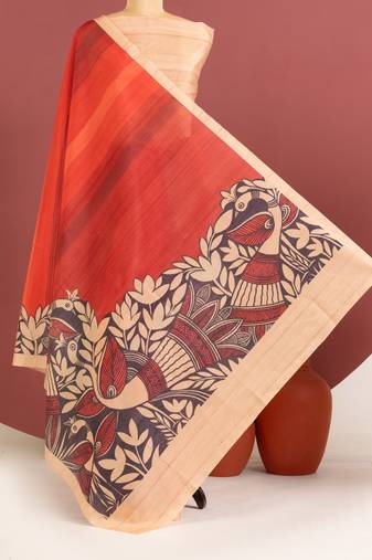 orange color tussar art silk saree with plain blouse