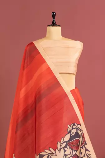 orange color tussar art silk saree with plain blouse
