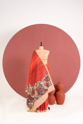 orange color tussar art silk saree with plain blouse 4