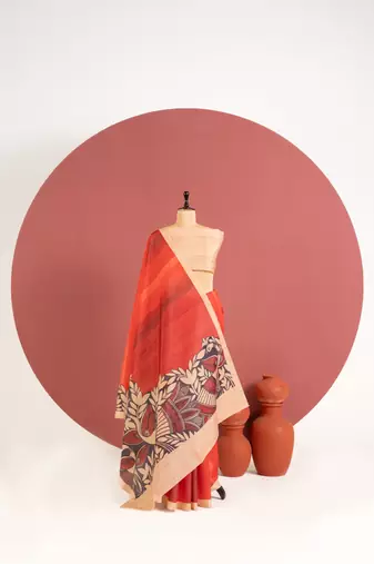 orange color tussar art silk saree with plain blouse