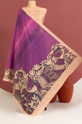 plum color tussar art silk saree with plain blouse 1