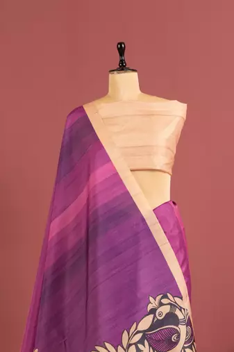 plum color tussar art silk saree with plain blouse