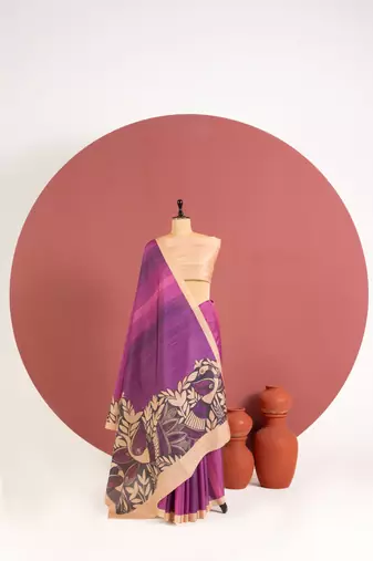 plum color tussar art silk saree with plain blouse