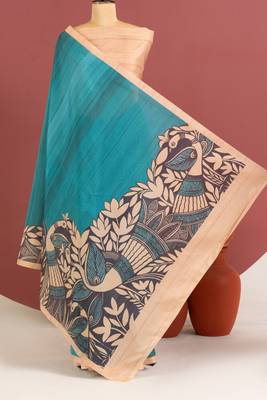 sky blue color tussar art silk saree with plain blouse 1