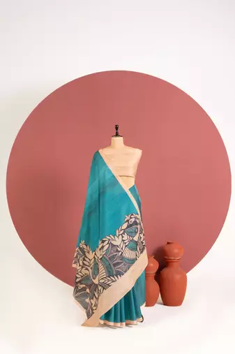 sky blue color tussar art silk saree with plain blouse