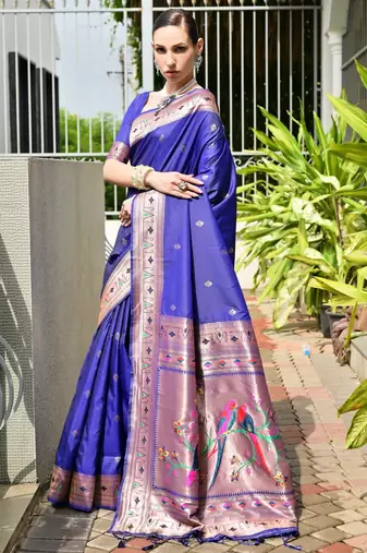 blue color banarasi paithani art silk saree with plain blouse