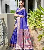 blue color banarasi paithani art silk saree with plain blouse