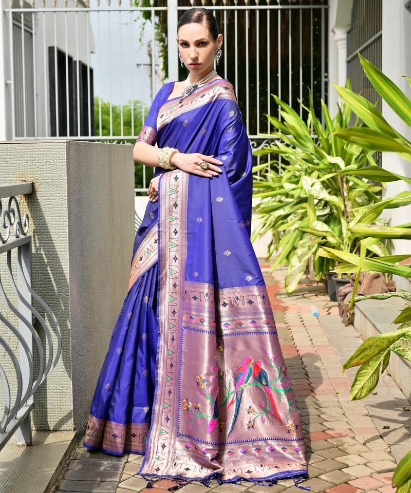 blue color banarasi paithani art silk saree with plain blouse
