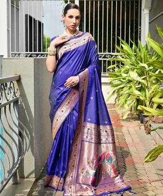 blue color banarasi paithani art silk saree with plain blouse 2