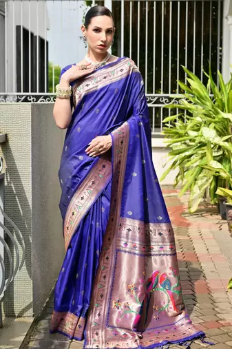blue color banarasi paithani art silk saree with plain blouse