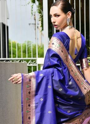 blue color banarasi paithani art silk saree with plain blouse 3