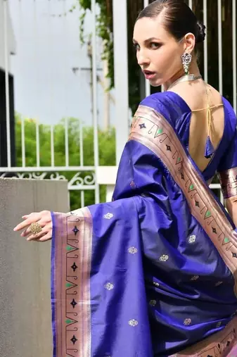 blue color banarasi paithani art silk saree with plain blouse