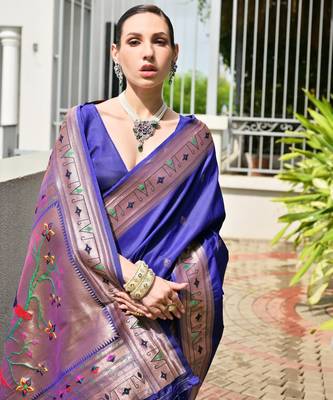 blue color banarasi paithani art silk saree with plain blouse 5