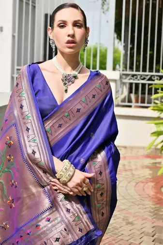blue color banarasi paithani art silk saree with plain blouse