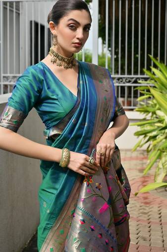 dark green color banarasi paithani art silk saree with plain blouse
