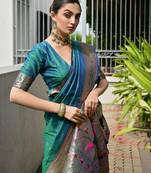 dark green color banarasi paithani art silk saree with plain blouse