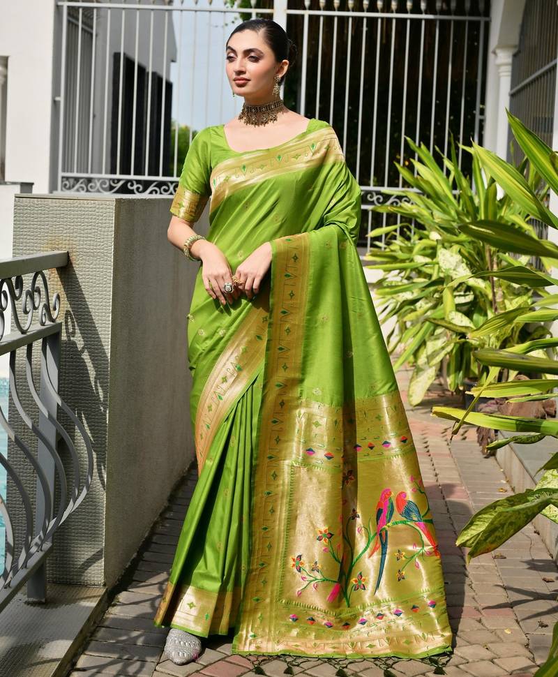 green color banarasi paithani art silk saree with plain blouse