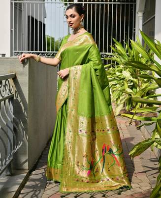 green color banarasi paithani art silk saree with plain blouse 3