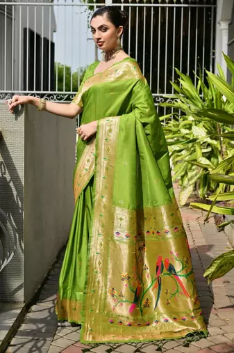 green color banarasi paithani art silk saree with plain blouse