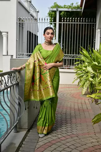 green color banarasi paithani art silk saree with plain blouse
