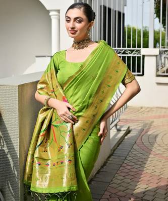 green color banarasi paithani art silk saree with plain blouse 5