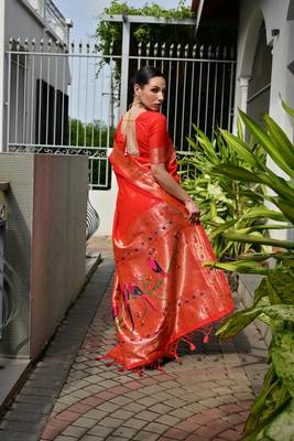 orange color banarasi paithani art silk saree with plain blouse 2