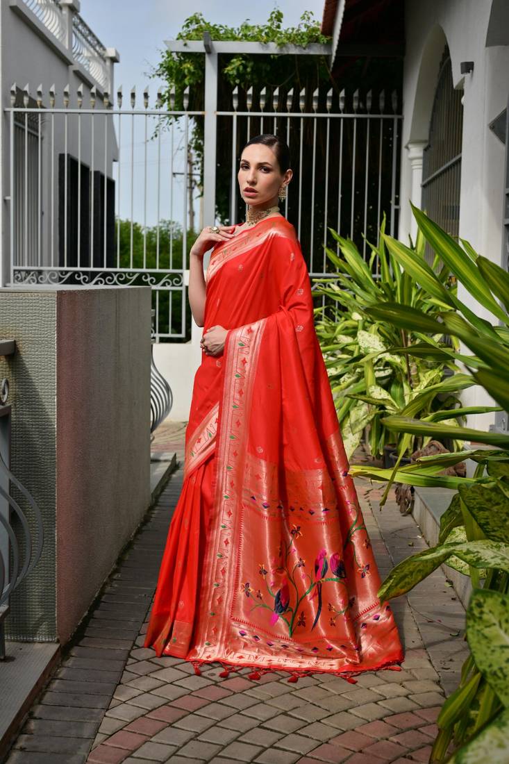 orange color banarasi paithani art silk saree with plain blouse