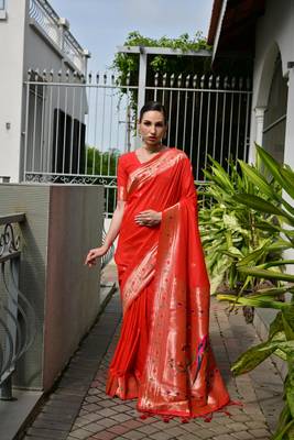 orange color banarasi paithani art silk saree with plain blouse 1