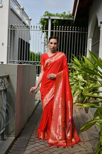 orange color banarasi paithani art silk saree with plain blouse