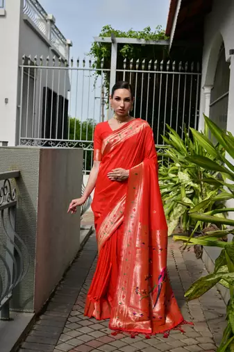 orange color banarasi paithani art silk saree with plain blouse