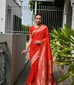 orange color banarasi paithani art silk saree with plain blouse