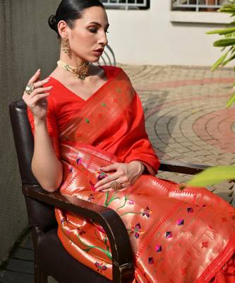 orange color banarasi paithani art silk saree with plain blouse 4