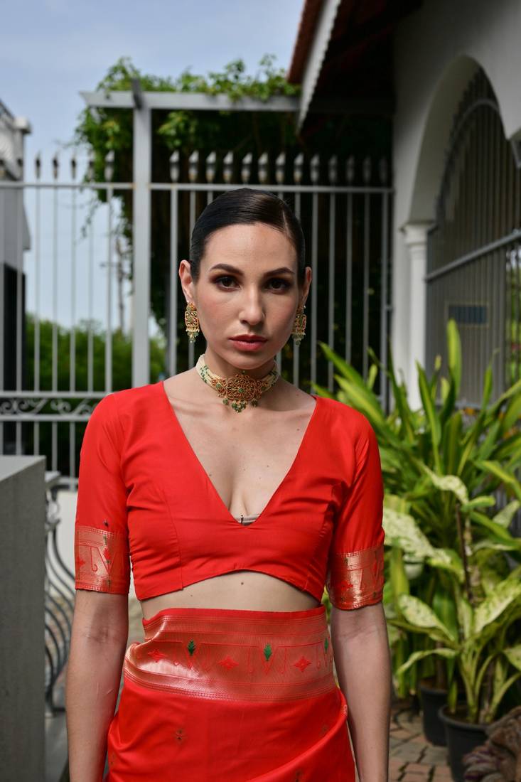 orange color banarasi paithani art silk saree with plain blouse