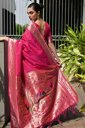 pink color banarasi paithani art silk saree with plain blouse
