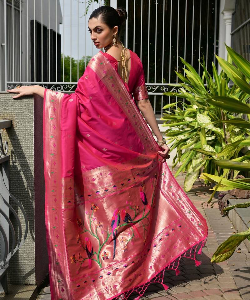 pink color banarasi paithani art silk saree with plain blouse