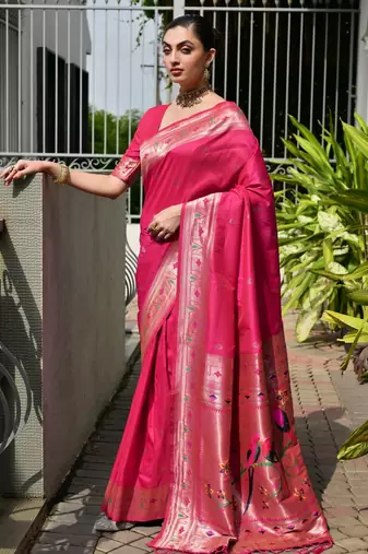 pink color banarasi paithani art silk saree with plain blouse