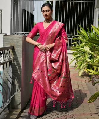 pink color banarasi paithani art silk saree with plain blouse 1