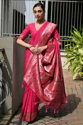pink color banarasi paithani art silk saree with plain blouse