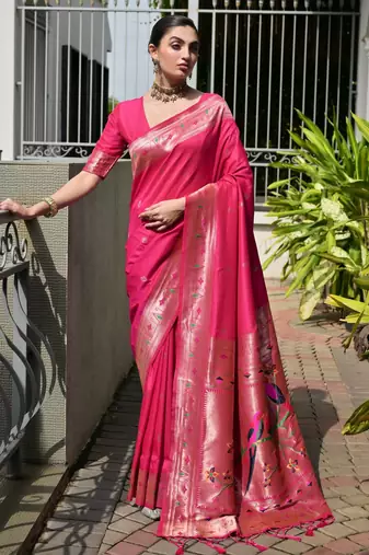 pink color banarasi paithani art silk saree with plain blouse