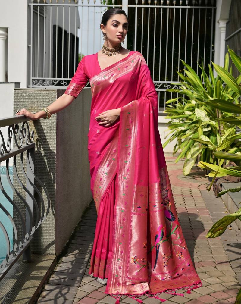 pink color banarasi paithani art silk saree with plain blouse