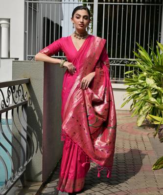 pink color banarasi paithani art silk saree with plain blouse 5