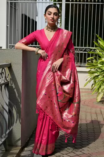 pink color banarasi paithani art silk saree with plain blouse