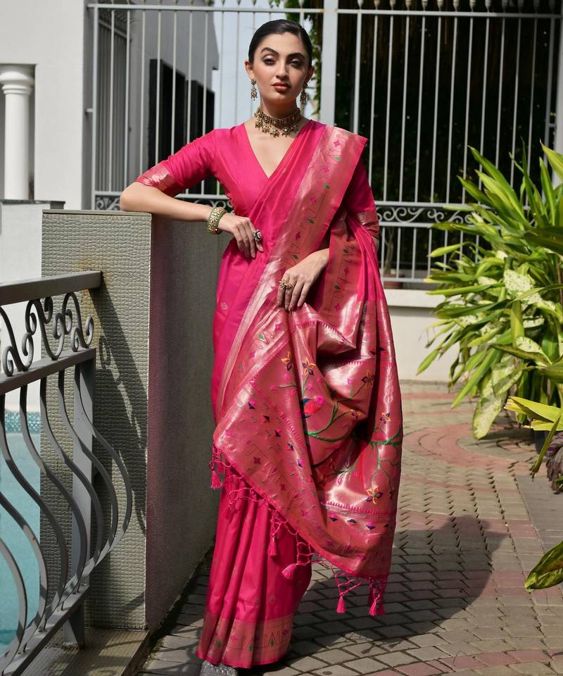 pink color banarasi paithani art silk saree with plain blouse