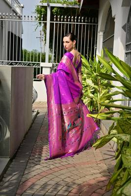 purple color banarasi paithani art silk saree with plain blouse 1