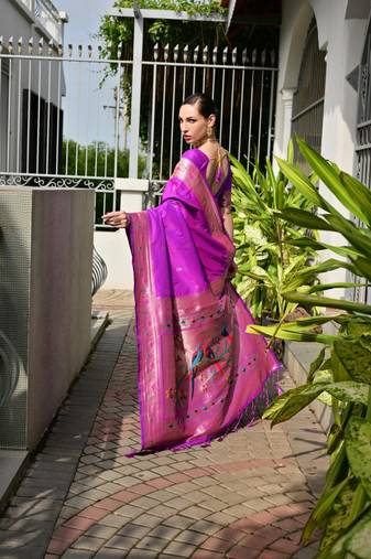 purple color banarasi paithani art silk saree with plain blouse