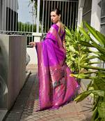 purple color banarasi paithani art silk saree with plain blouse